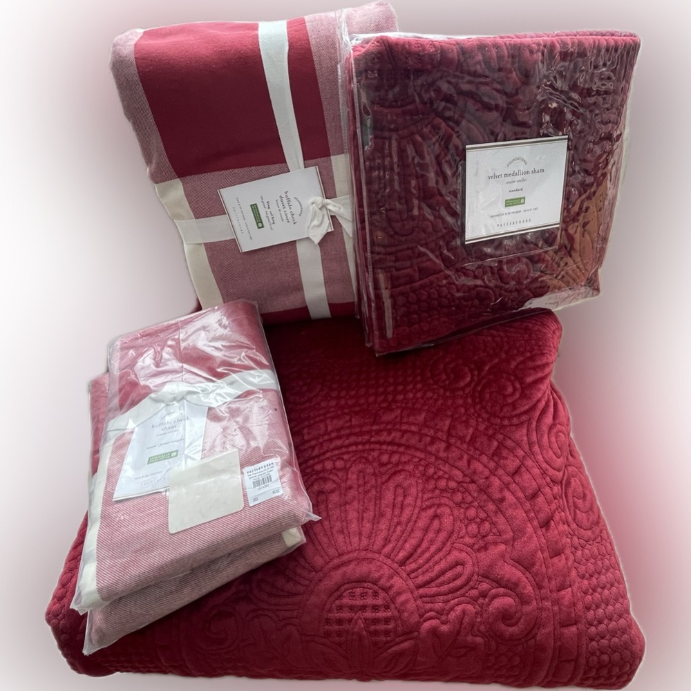 Pottery Barn Velvet Medallion and Buffalo Check Red Bedding Set - 6 pieces